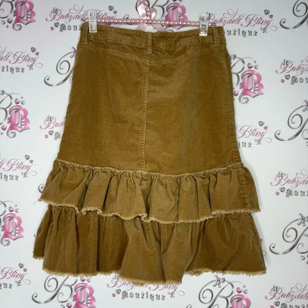 Skirt corduroy ruffle frill tiered brown tan soft velour velvet vintage retro